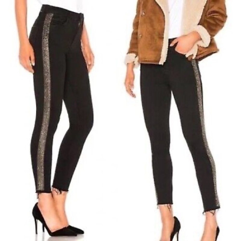MOTHER NWT High Waist Looker Ankle Fray Guilty Flash Beaded Stripe Black Jeans